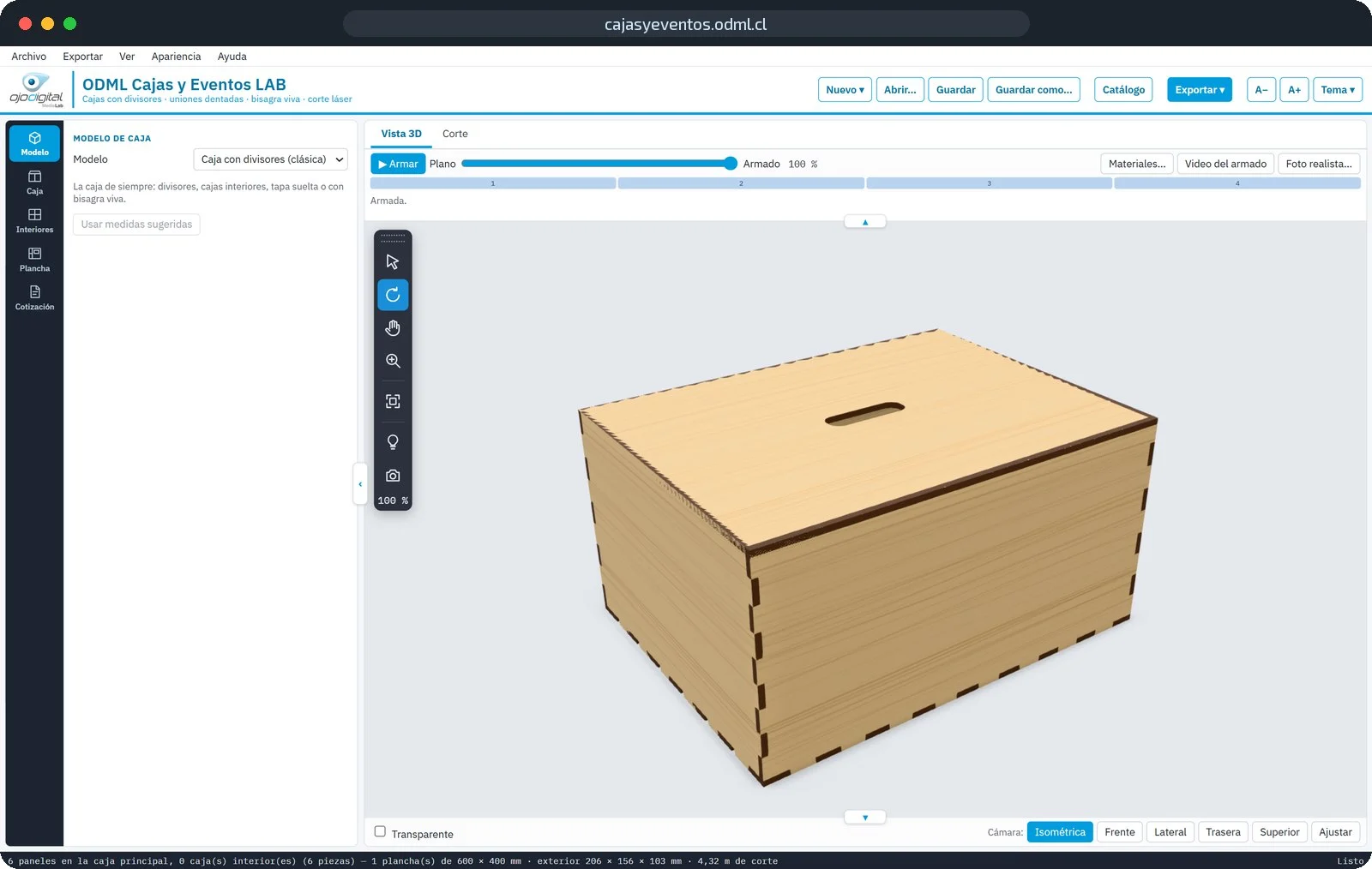 Interfaz de ODML Cajas y Eventos LAB en el navegador